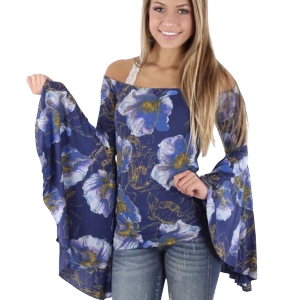 FREE PEOPLE We The Free Blue Boho Birds of Paradise Floral Top S